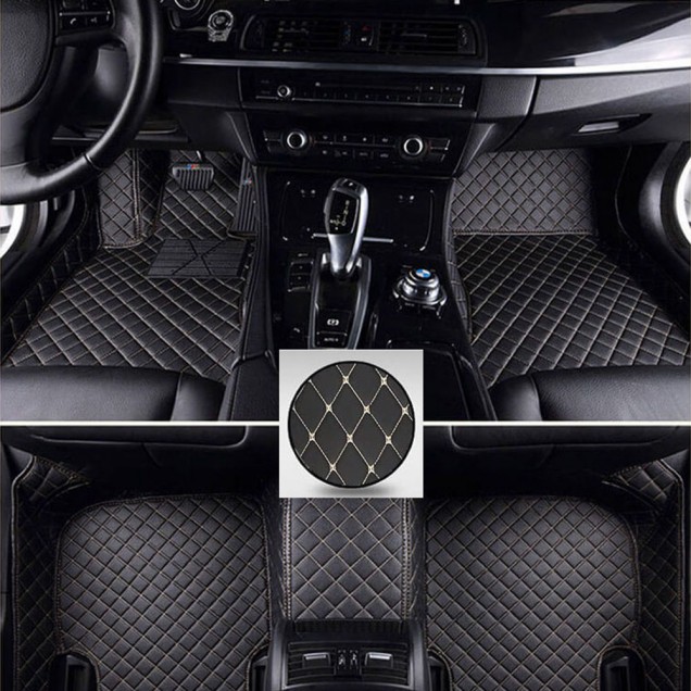 Black and Beige Stitching Luxury Leather Diamond Car Mats