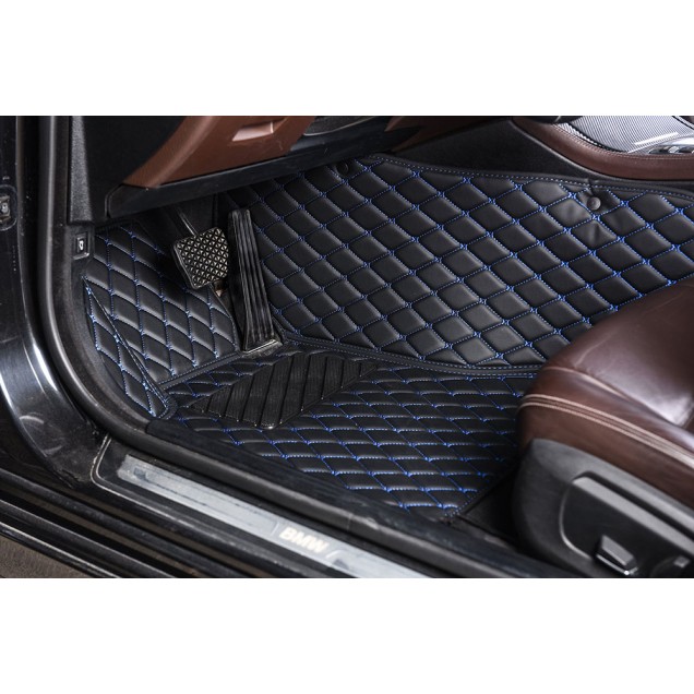 Black and Blue Stitching Luxury Leather Diamond Car Mats