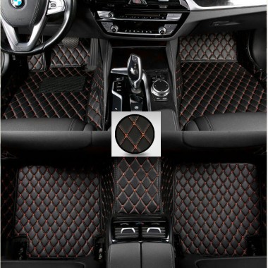 Black and Orange Stitching Luxury Leather Diamond Car Mats