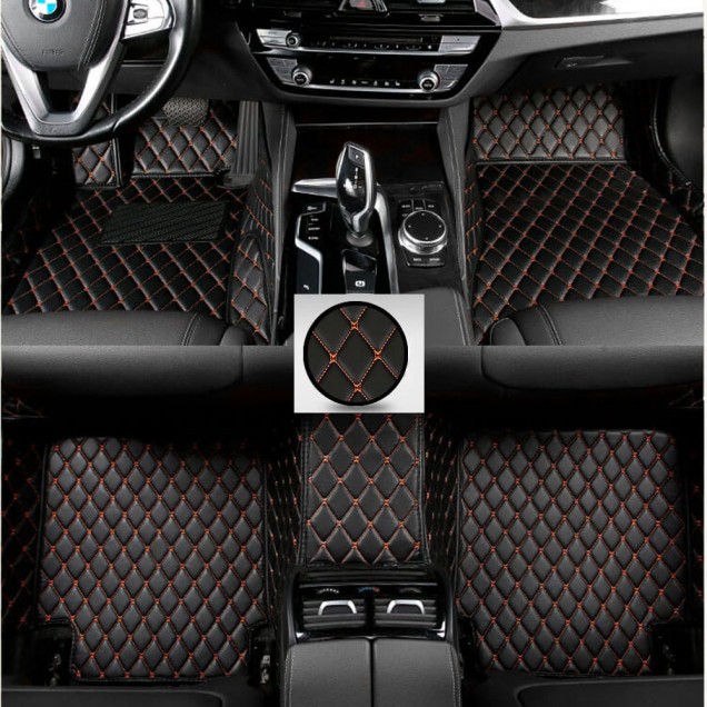 Black and Orange Stitching Luxury Leather Diamond Car Mats