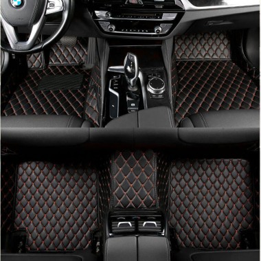 Black and Orange Stitching Luxury Leather Diamond Car Mats
