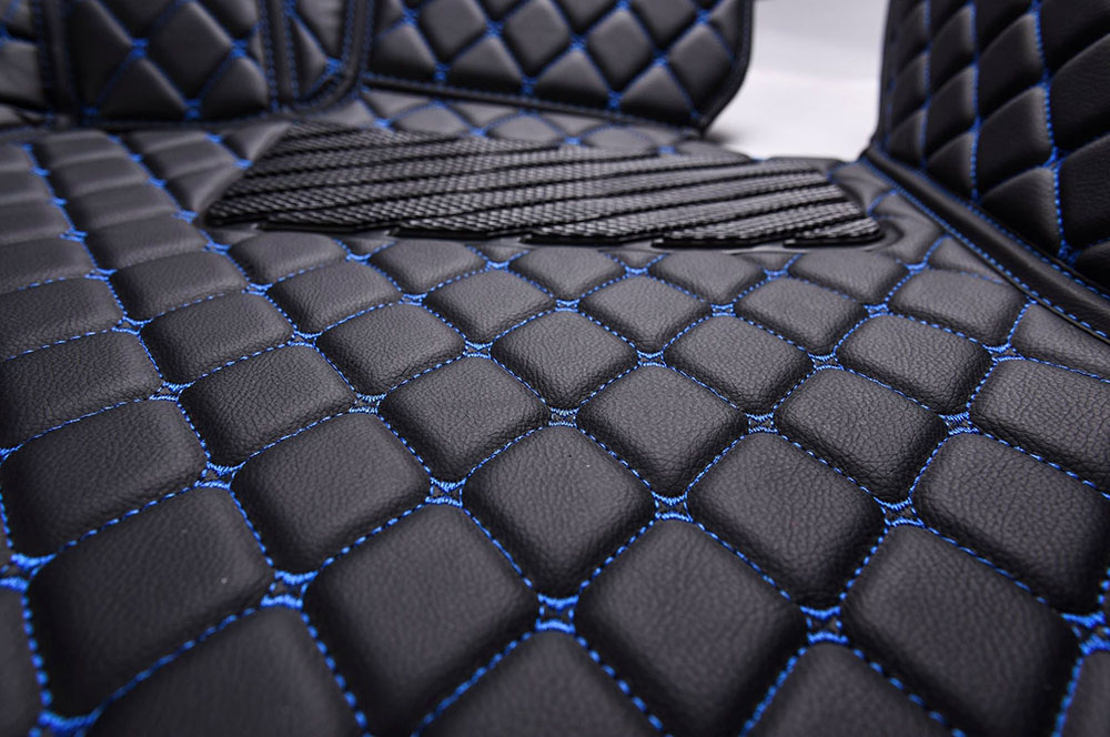 Black and Blue Stitching Luxury Leather Diamonds Car Floor Mats
