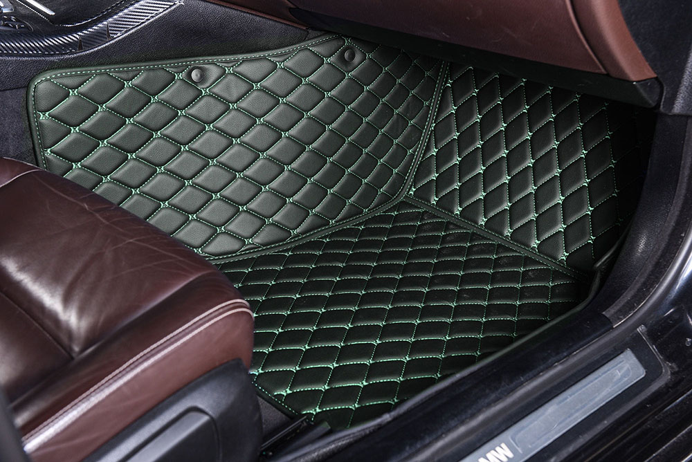 Black and Green Stitching Luxury Leather Diamonds Car Floor Mats Black and Green Stitching Luxury Leather Diamonds Car Floor Mats