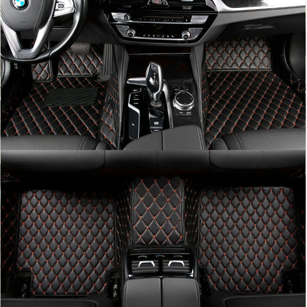 Black and Orange Stitching Luxury Leather Diamond Car Mats Black and Orange Stitching Luxury Leather Diamond Car Mats