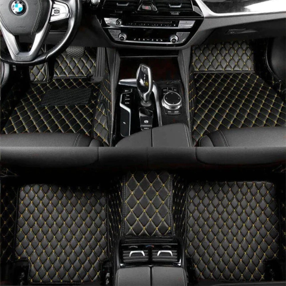 Black and Yellow Stitching Luxury Leather Diamond Car Mats Black and Yellow Stitching Luxury Leather Diamond Car Mats