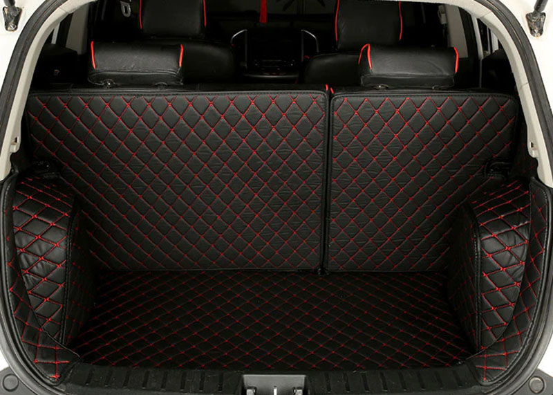 Black and Red Stitching Full Cover Luxury Leather Diamond Trunk Car Mats